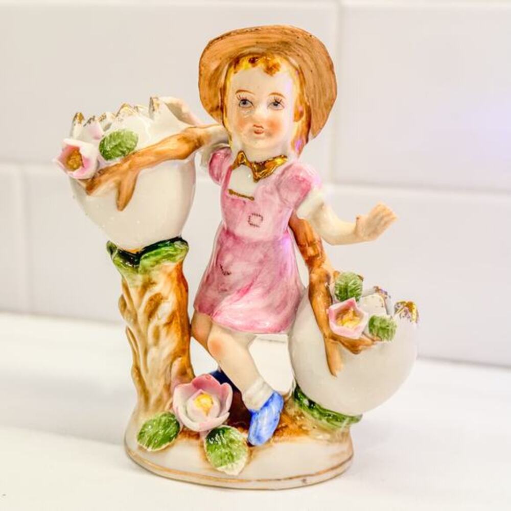 Vintage Ucagco Figurine, 2 Egg Bud Vase w/Springtime Girl in Pink Dress, Japan